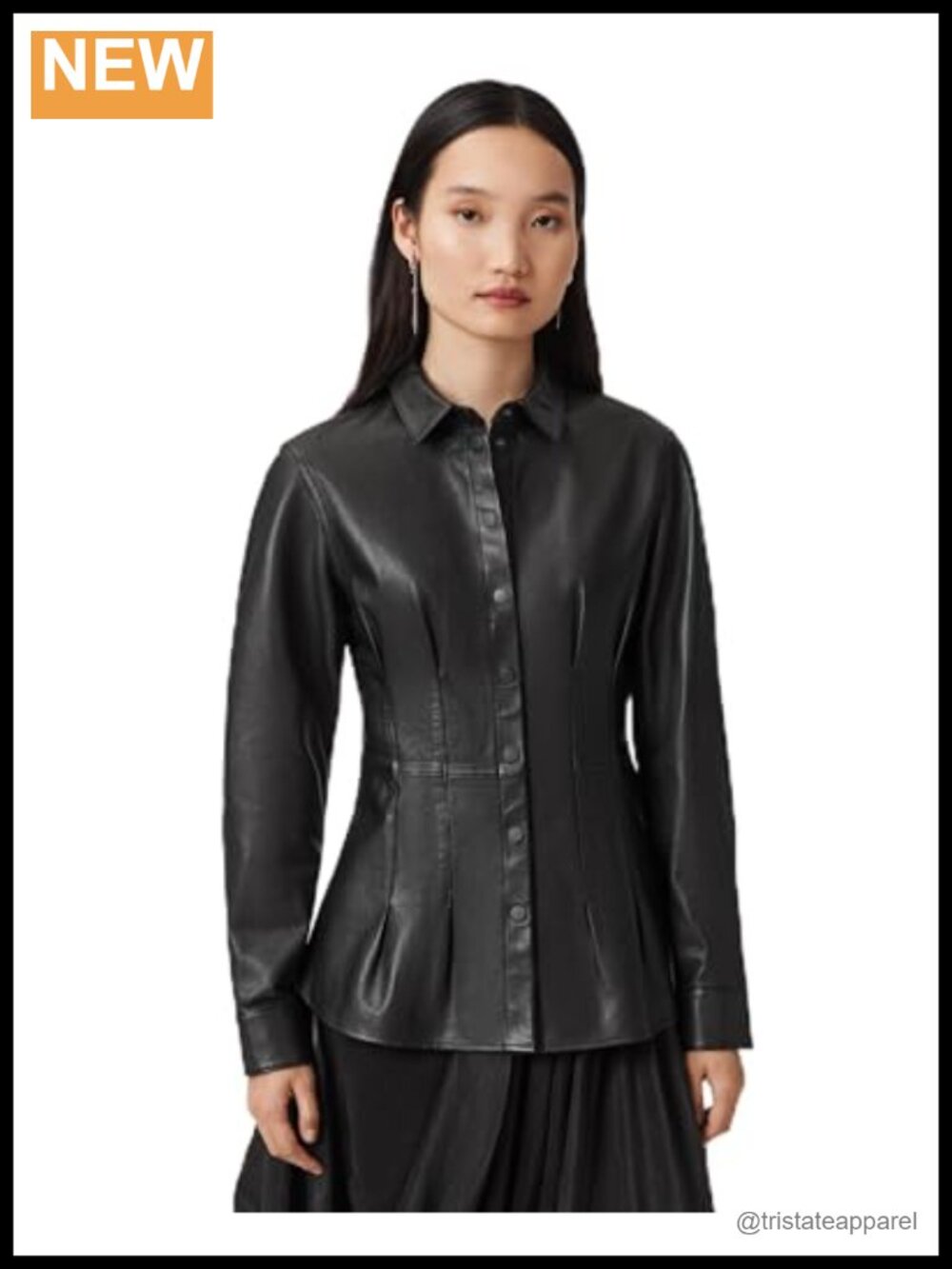 AllSaints Women's Larson Lea Shirt 100% Lamb Leather Long Sleeve Collared Blouse